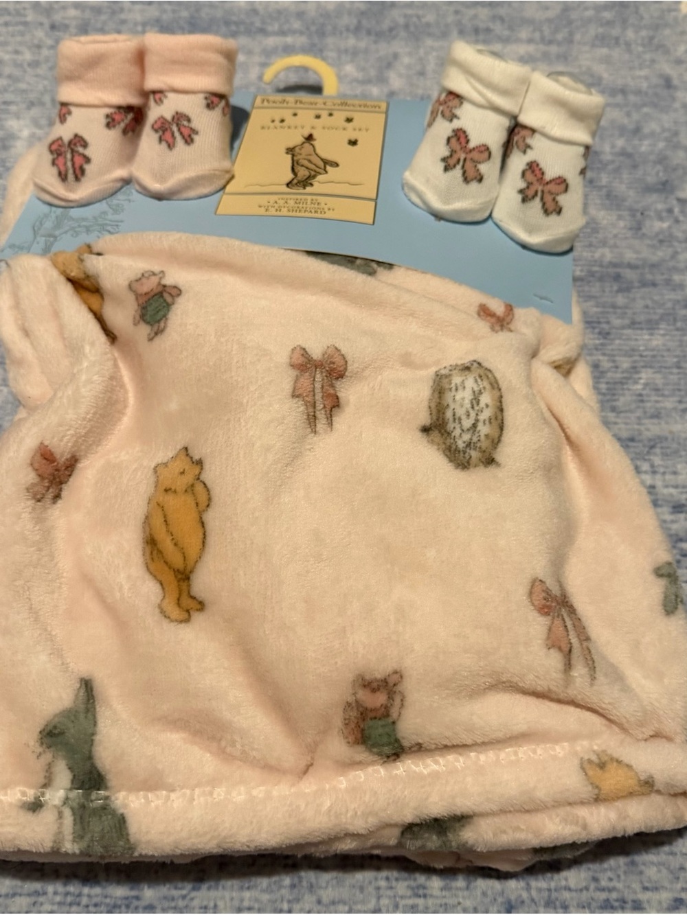 Disney Pooh Bear Pink Plush Baby Blanket and Booties Set